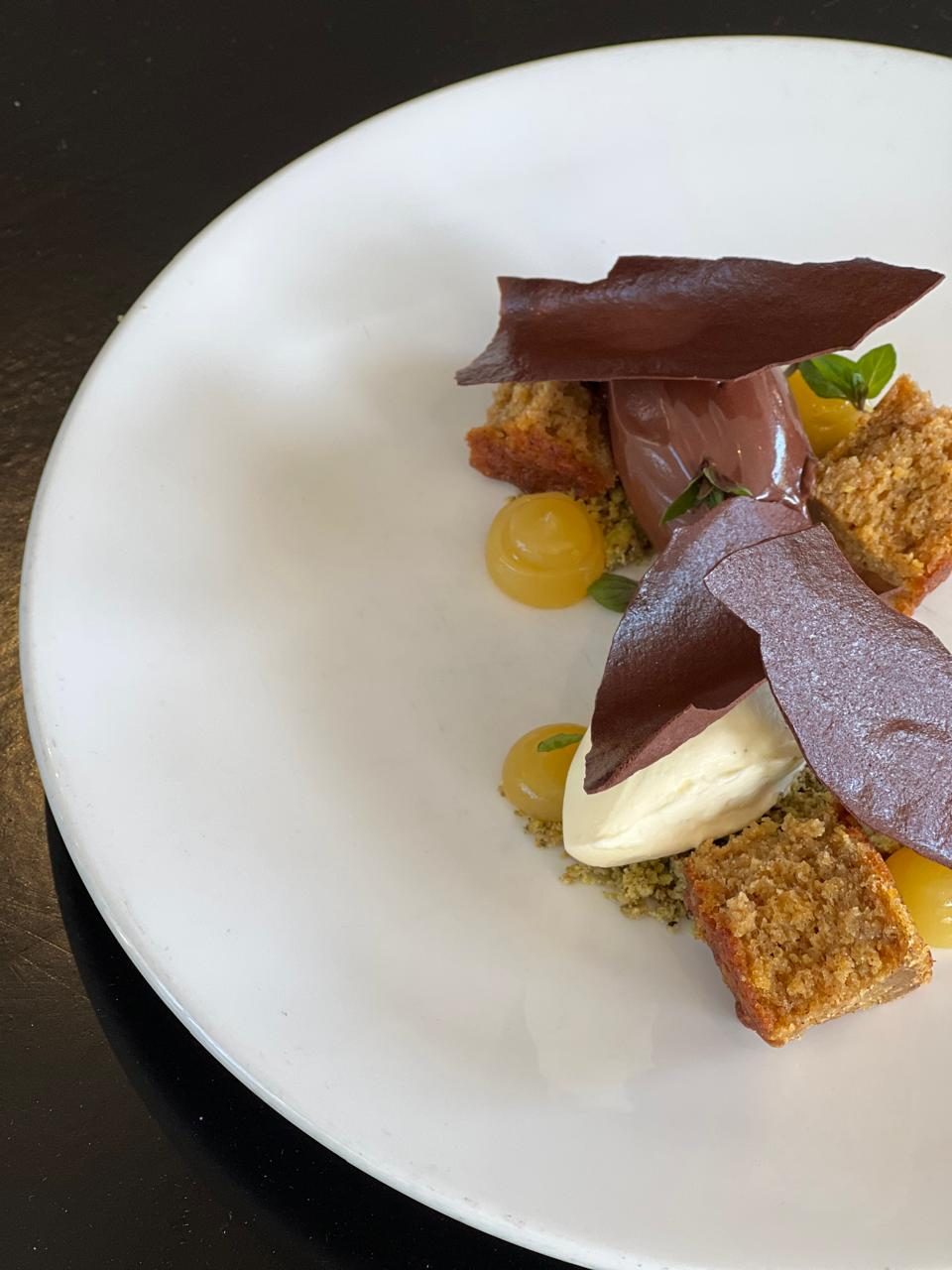 Carrot cake with pistachio crumb and cream cheese parfait