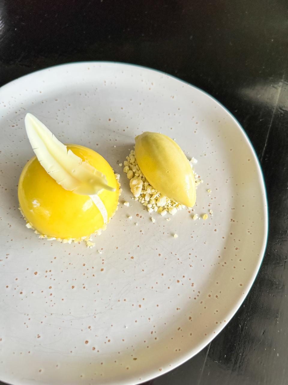 White chocolate mousse with fermented greengage plum