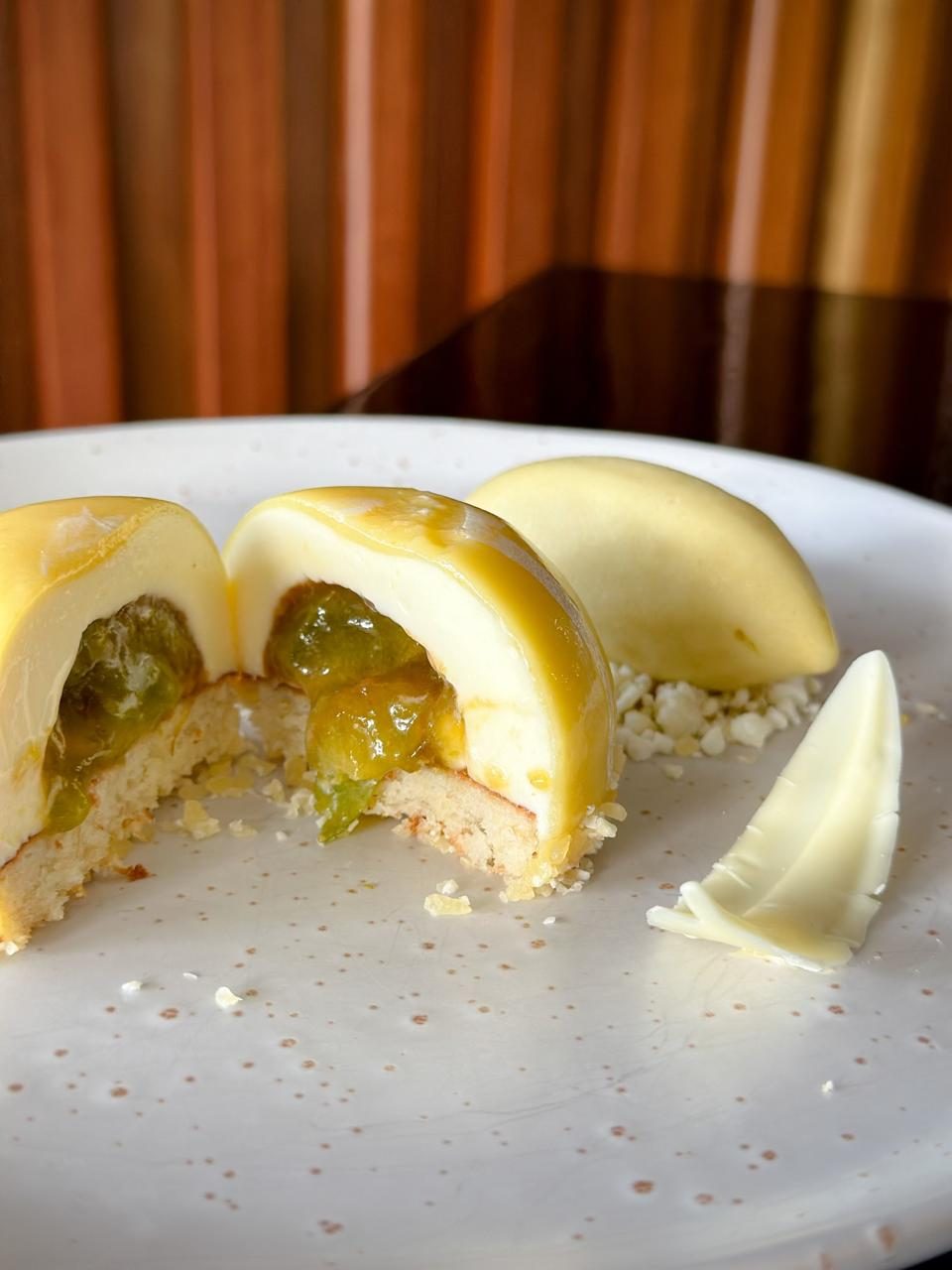 White chocolate and greengage plum entremet, cross-section