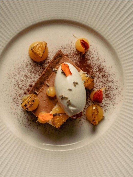 Milk chocolate and orange mousse with lavender gelato