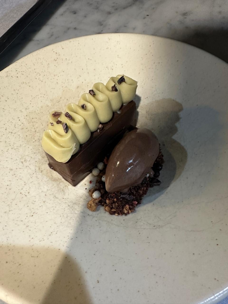 Chocolate and pistachio parfait with fried kataifi
